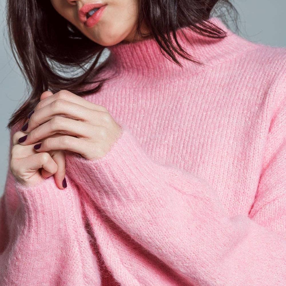 Camisola Super Superdimensionada com Gola Alta cor Rosa