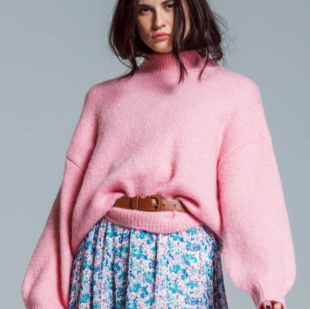 Camisola Super Superdimensionada com Gola Alta cor Rosa