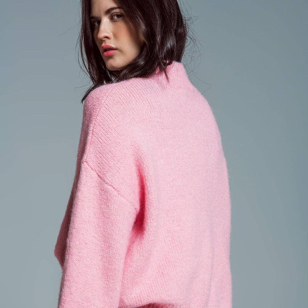 Camisola Super Superdimensionada com Gola Alta cor Rosa