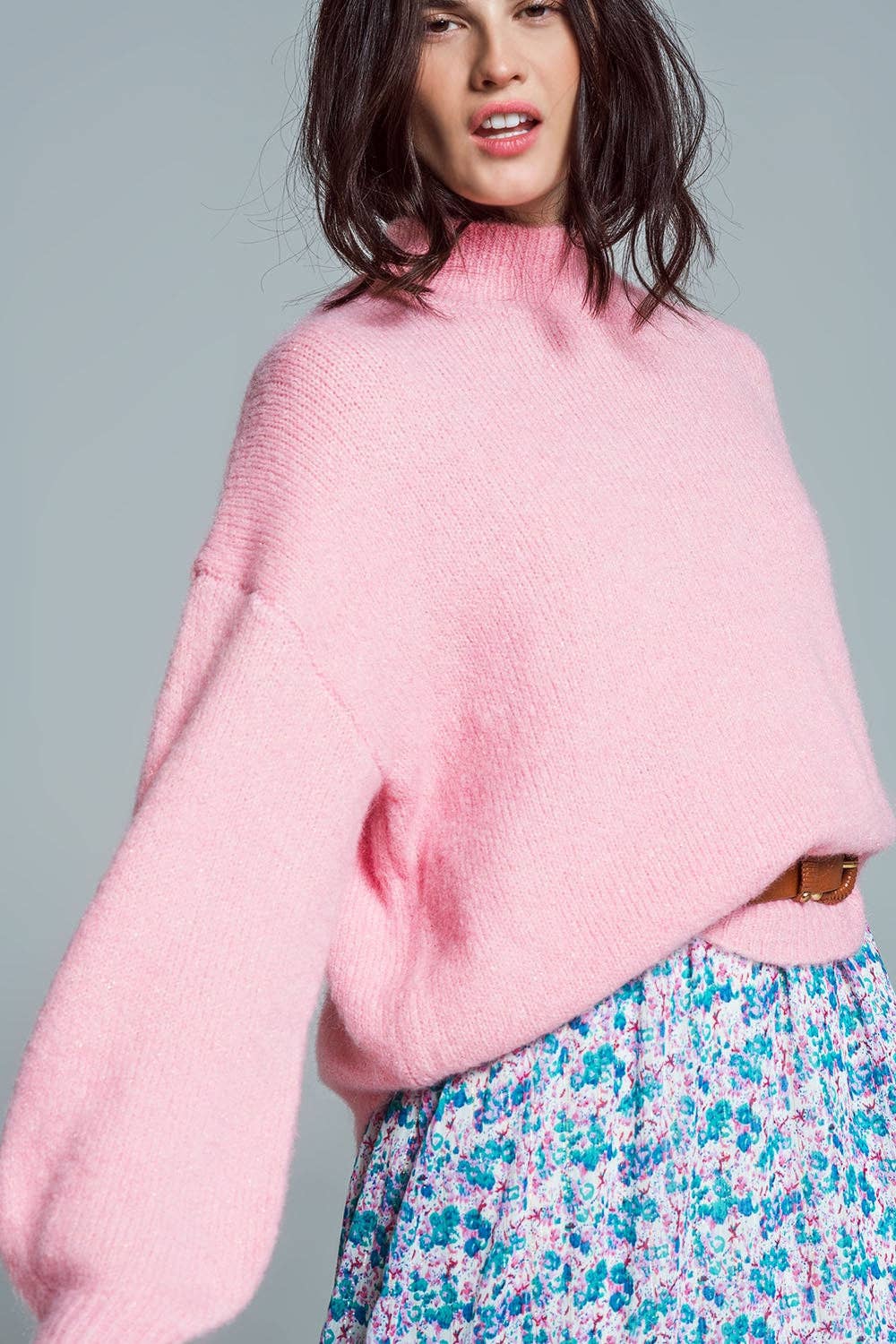 Camisola Super Superdimensionada com Gola Alta cor Rosa